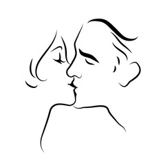 Lovers kissing. Line drawing. Vector Illustration