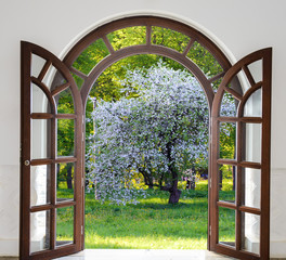 open door arch garden bloom in spring