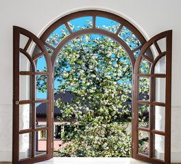 open door arch garden bloom in spring
