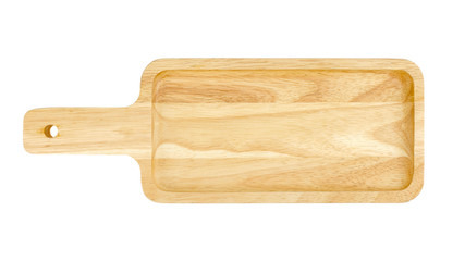 Top view empty wooden plate isolated on white background.