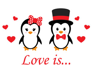 cute penguin set with heart vector and text