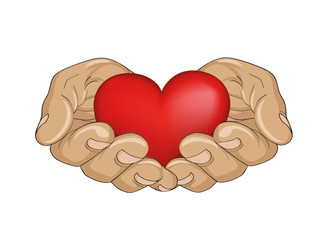 Red heart in the hands. Palms open. Hand gives or receives.