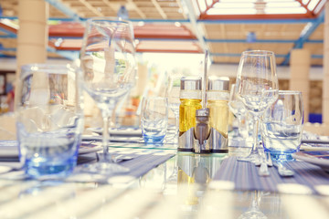 restaurant table setting, with bright colors and Mediterranean-s