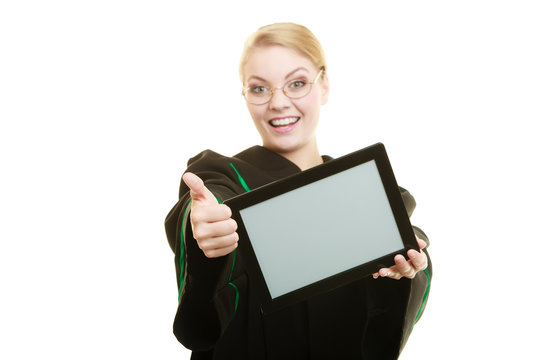 Woman lawyer holds tablet blank copy space.