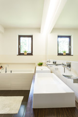 Fototapeta na wymiar Bathroom with two wash basins
