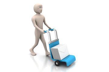 person pushing hand trolley with box full of envelopes