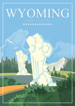 Wyoming travel vector illustration. USA poster. United States of America colorful banner. Greetings from Wyoming