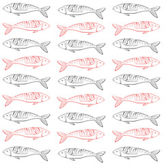 Hand drawn. Vinyage fish pattern can be used for fish market, restaurant  background or banner - 131730347
