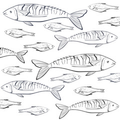 Hand drawn. Vinyage fish pattern can be used for fish market, restaurant  background or banner - 131730355