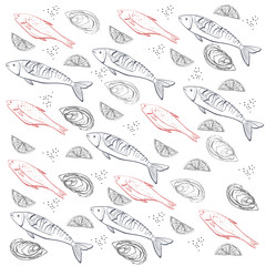 Hand drawn. Vinyage sea food pattern can be used for fish market, restaurant  background or banner - 131730372