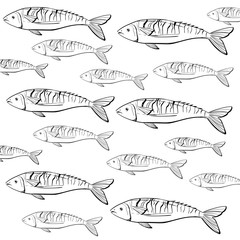 Hand drawn. Vinyage fish pattern can be used for fish market, restaurant  background or banner