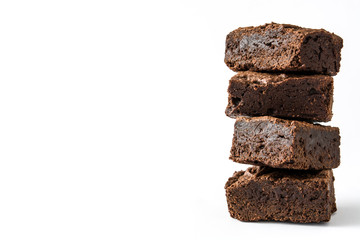Chocolate brownie pieces isolated on white background
