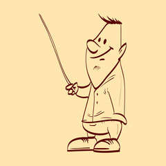 Line drawing vector illustration of an average guy presenting with a pointer