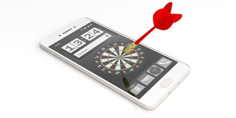 Dart aiming a target on a smartphone screen. 3d illustration