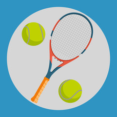 Tennis racquet icon. Colorful tennis racquet and two yellow tennis balls on a blue background. Sports Equipment. Vector Illustration.