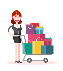 Flat Businesswoman Shopping on White Background. Isolated Flat Vector Illustration.