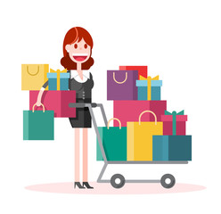 Flat Businesswoman Shopping on White Background. Isolated Flat Vector Illustration.