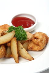 chicken nuggets with french fries and sauce