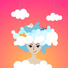 Woman in clouds. Perfect imagination. Day. 