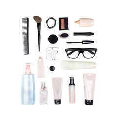 Fototapeta premium Collection of women's clothing isolated white background. Top view, flat lay