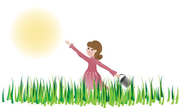 Girl with gathering pail happily walking through meadow, reaching for the sun