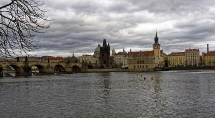 A view of the Vltava river with the city of Prague seen on its banks