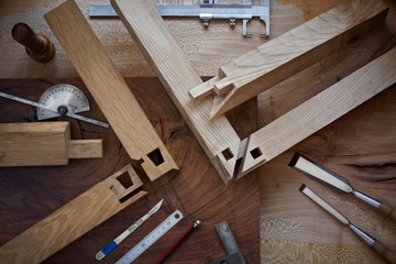 Overhead shot of intricate Japanese joinery and hand tools - obrazy, fototapety, plakaty