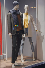 Mannequins in warm clothes on display. Fashion