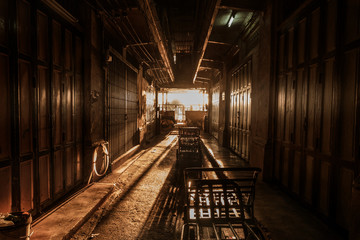 Sunset at streets and Old Town Architecture near Wat Pho temple. Bangkok, Thailand. Vintage style.