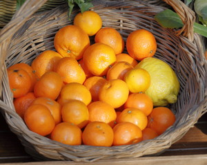 basket of mandarin oranges and a lemon