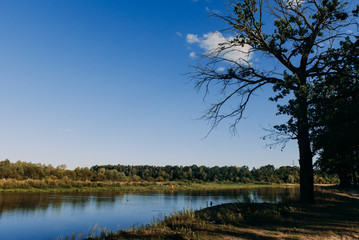 The river with a quiet current and clouds reflected in it, Soz , Gomel, Belarus