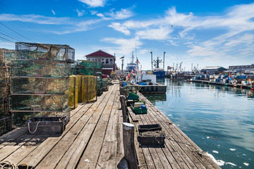 Union Wharf lobster traps on Portland's working waterfront, Maine - obrazy, fototapety, plakaty