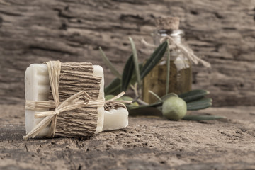 natural olive oil soap bars on wooden table