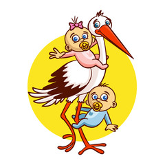 Stork with Babies Boy and Girl Sticker