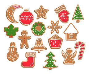 Gingerbread cookies on white background. Snowflake, glove, star, man, angel, candy, moon, Christmas tree, wreath, house, bell, ball, gift box, holly berry, sock shapes