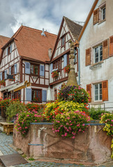 Fototapeta na wymiar Fountain in Dambach-la-Ville, Alsace, France