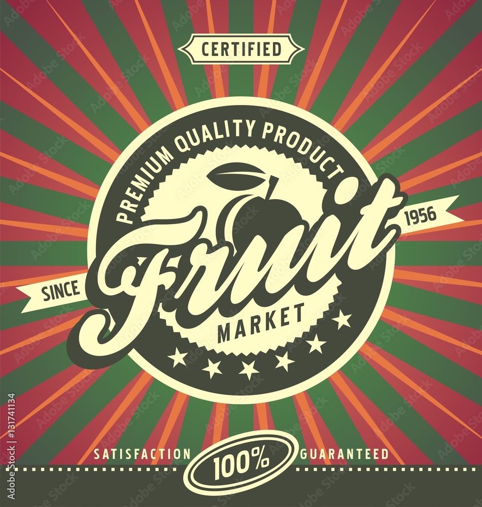 Wall mural fruit market creative retro label layout with apple icon and creative typography on artistic colorfu