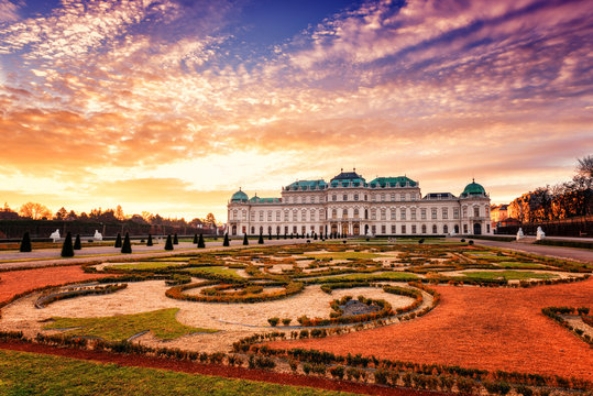 Belvedere, Vienna, view of Upper Palace and beautiful royal garden in sunrise light, colorful landscape, Austria, Europe