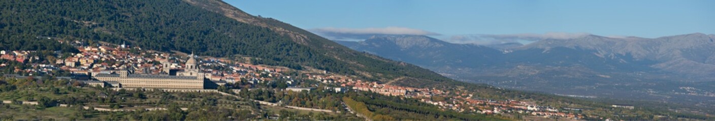 Panoramic view of El escorial village and Guadarrama mountains