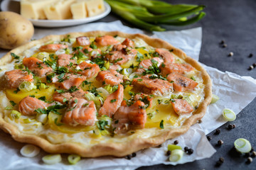 Quiche with salmon, cheese, sour cream, green onion and parsley