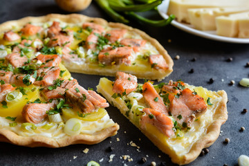 Quiche with salmon, cheese, sour cream, green onion and parsley