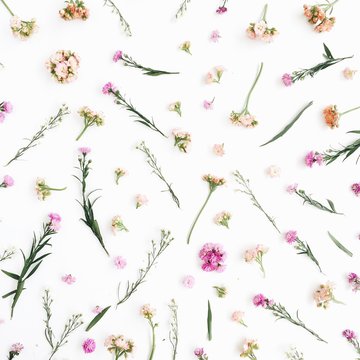 Floral pattern with pink and beige wildflowers, green leaves, branches on white background. Flat lay, top view. Valentine's background