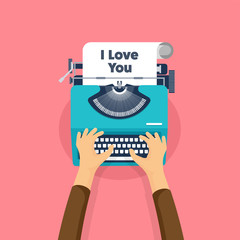 Vector illustration. Flat background with typewriter. Love, hearts. Valentines day. Be my valentine. 14 february.