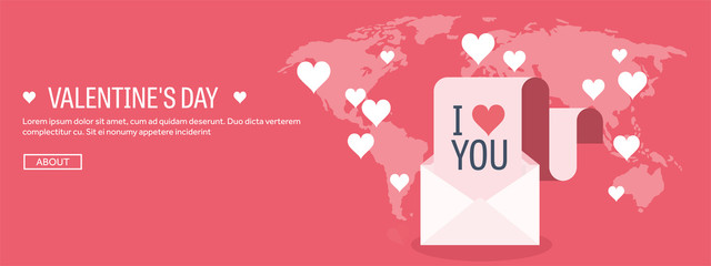 Vector illustration. Flat background with envelope. Love, hearts. Valentines day. Be my valentine. 14 february. Message.