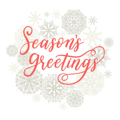 Fototapeta na wymiar Season's Greetings card. Vector winter holiday background with hand lettering calligraphy, snowflakes, falling snow.
