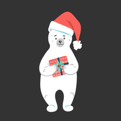 Bear with box and hat. Vector winter holidays element.