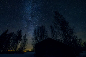 Milky way, old barn and tree tops in starry night sky landscape