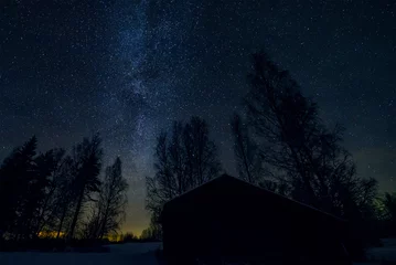 Fotobehang Milky way, old barn and tree tops in starry night sky landscape © frozenmost