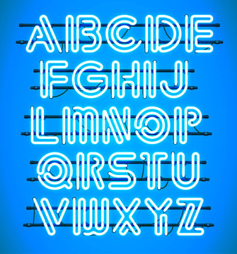 Glowing blue Neon Alphabet with letters from A to Z. Shining and glowing neon effect. Every letter is separate unit with wires, tubes, brackets and holders.