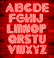 Glowing Orange Neon Alphabet with letters from A to Z. Shining and glowing neon effect. Every letter is separate unit with wires, tubes, brackets and holders.